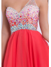 Coral Chiffon Beaded One Shoulder Open Sexy Back Knee Length Prom Dress 